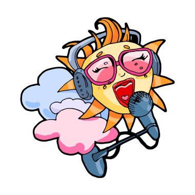 Güneş bulutların mikrofon şarkı karaoke şarkı ile. Elle çizilmiş vektör yaz plaj resimde beyaz bitti izole.