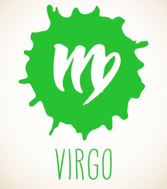 Başak çizilmiş Zodyak işareti illüstrasyon yeşil boya sıçramak leke ver. Vektör grafik Astroloji sembolü tasarım öğesi beyaz bitti izole.