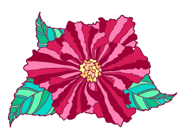 Cabeza Flor Roja Dibujada Mano Con Hojas Verdes Aisladas Sobre — Vector de stock