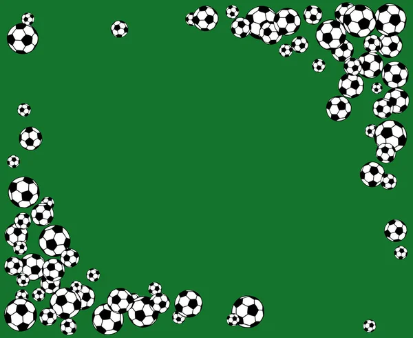 サッカー サッカー ボールの空白の枠に散在 緑の芝生のフィールドに背景ベクトル イラスト スポーツ ゲーム機器の壁紙 水平方向のフォーマット — ストックベクタ
