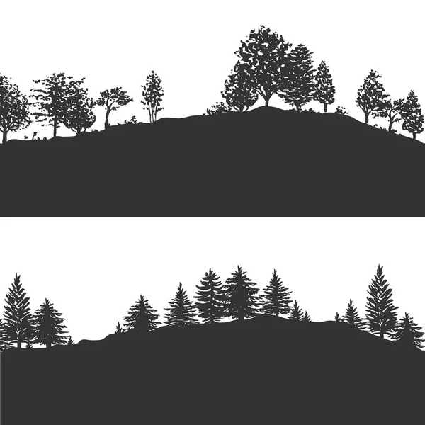 Bosque Árboles Siluetas Fondo Vector Ilustración Bandera Abstracta Horizontal Colinas — Vector de stock