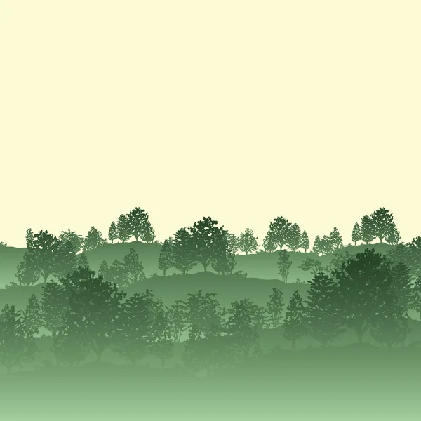 Літні Сутінки Туман Лісові Дерева Силуети Фон Векторні Ілюстрації Зеленому — стоковий вектор