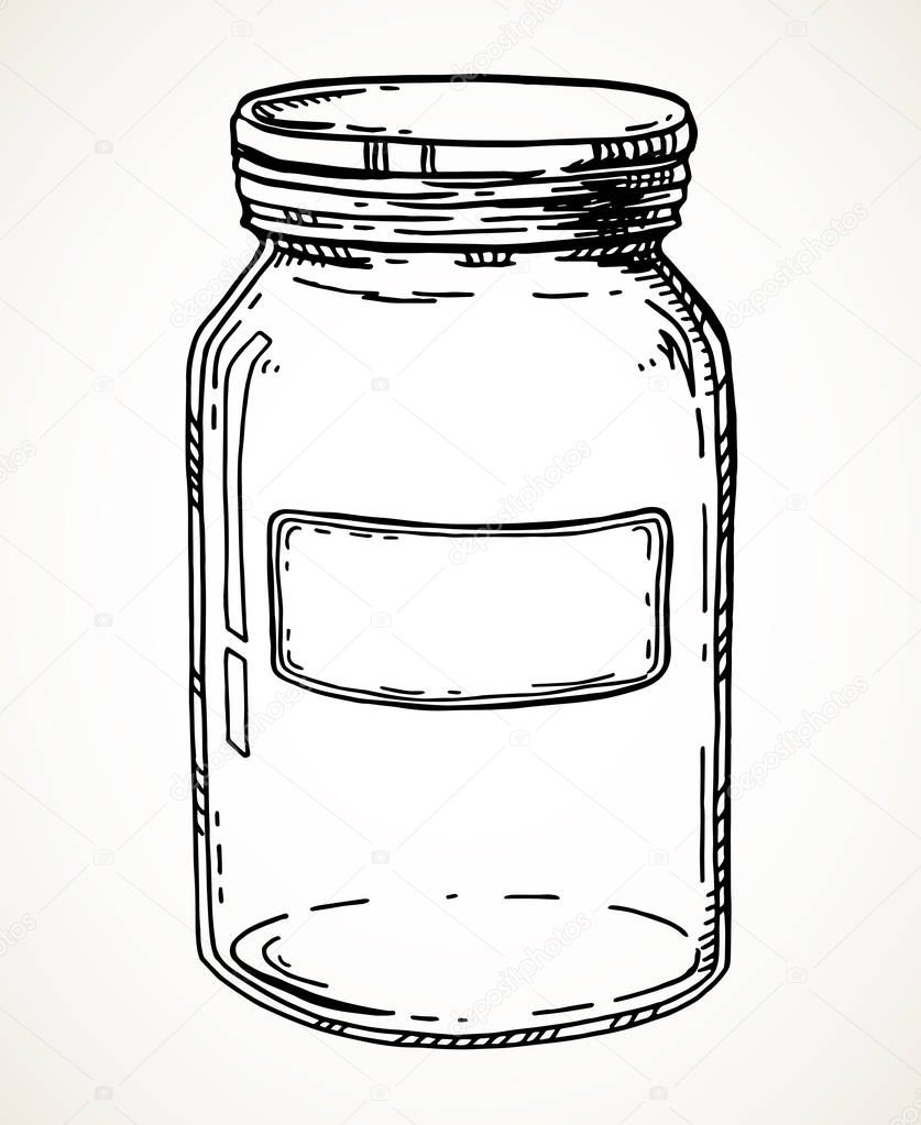 Jar with blank label. Vector hand drawn vintage illustration. Contour sketch in black isolated over white.