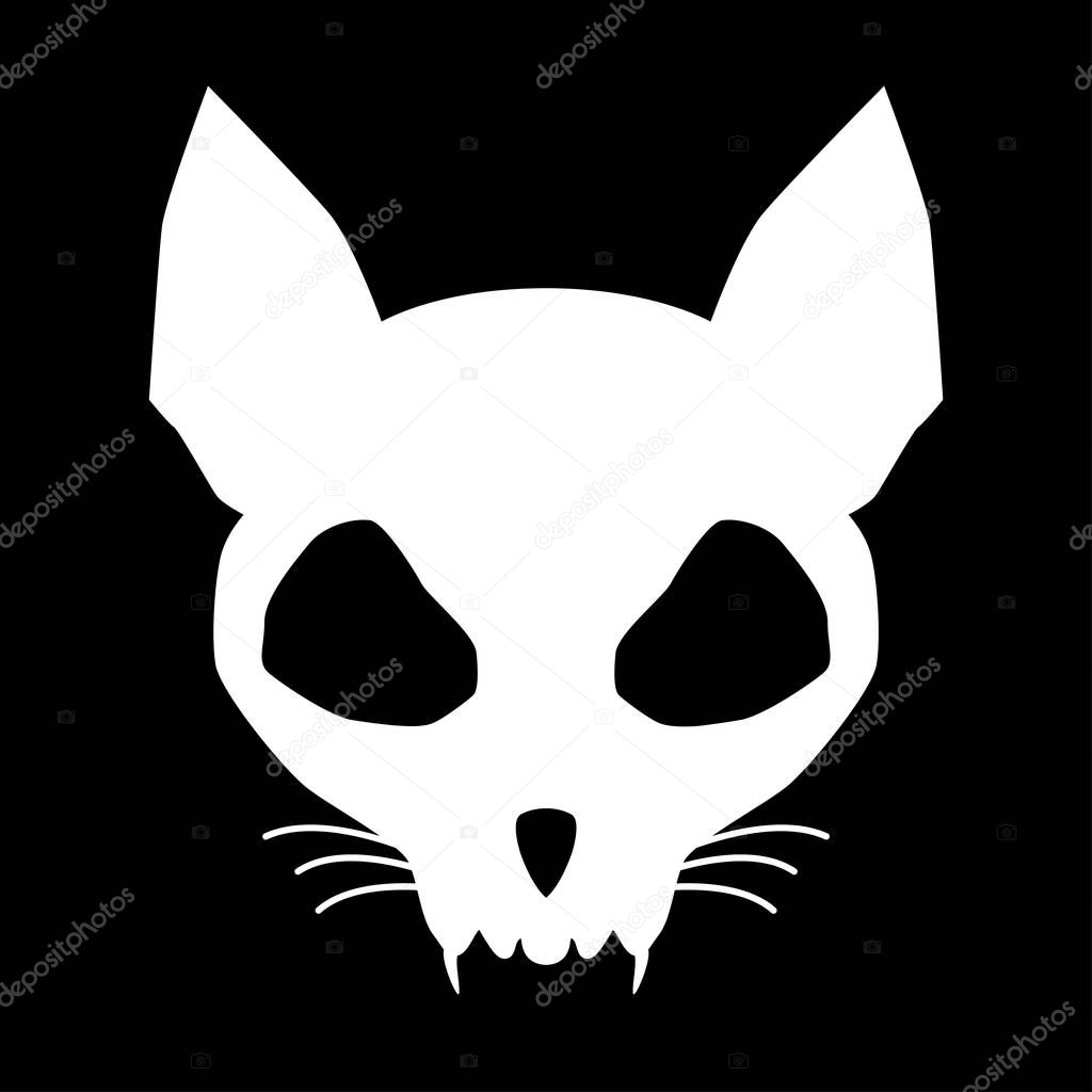 Funny evil cat skull silhouette in white isolated over black. Vector illustration.