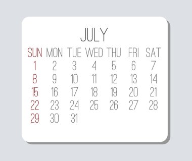 Düz çağdaş Temmuz 2018 vektör ışık gri takvim yılı. Pazar başlayan hafta.