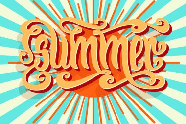 Elle çizilmiş turuncu kelime yaz boyunca güneş ışınları ile arka plan.