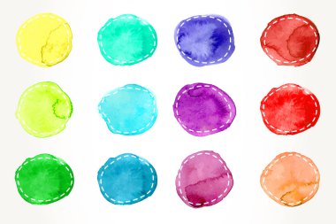 Elle çizilmiş renkli suluboya daireler beyaz bitti izole dash anahatla kümesi. Vektör tasarım öğeleri şekil.