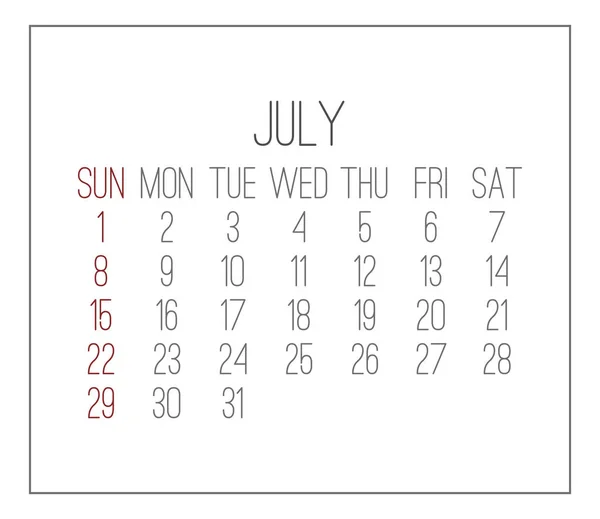 Plain Contemporáneo Julio Año 2018 Vector Calendario Blanco Semana Partir — Vector de stock