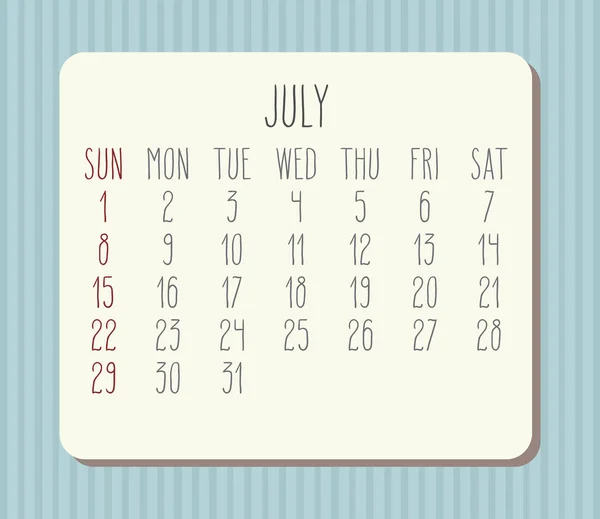 Julio Año 2018 Vector Calendario Dibujado Mano Tabla Beige Sobre — Archivo Imágenes Vectoriales