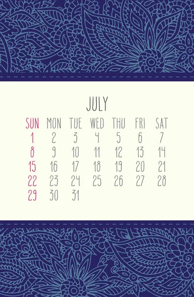 Ιουλίου Έτους 2018 Διάνυσμα Ημερολόγιο Πάνω Χέρι Blue Δαντελένια Φλοράλ — Διανυσματικό Αρχείο