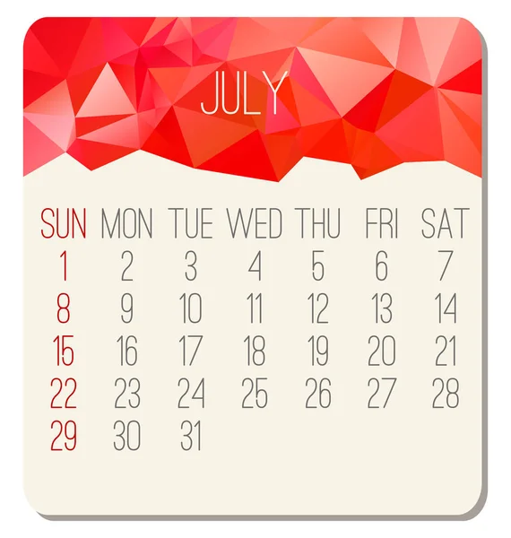 Juli Jahr 2018 Vektorkalender Woche Sonntag Zeitgenössisches Low Poly Design — Stockvektor