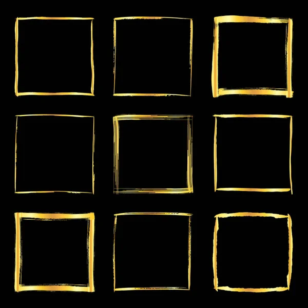 Kolekce Golden Grunge Štětce Tahu Čtvercové Rámce Izolované Černém Pozadí — Stockový vektor
