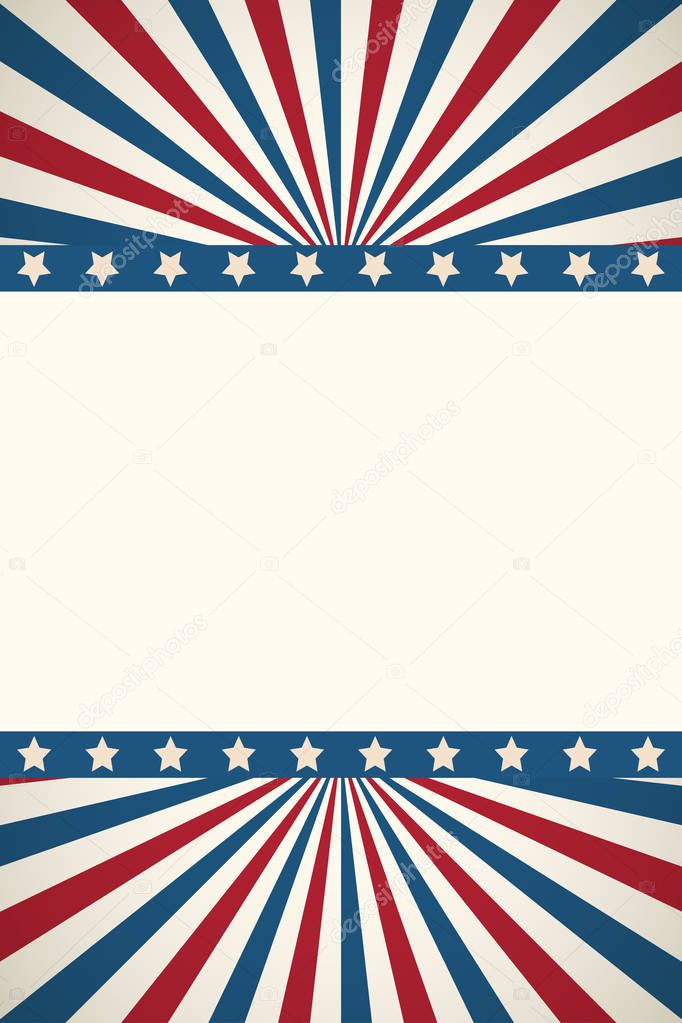 American flag patriotic background. United States blank frame with space for text. Independence day design template. Stars and stripes backdrop