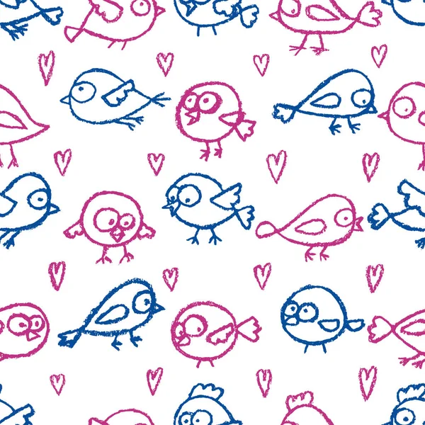 Mignon Petit Oiseau Dessiné Main Les Cœurs Motif Sans Couture — Image vectorielle