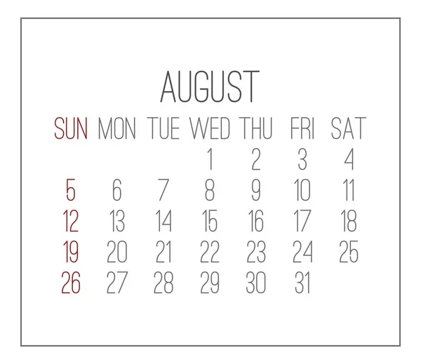 Простой Современный Векторный Белый Календарь Августа 2018 Года Неделя Воскресенья — стоковый вектор