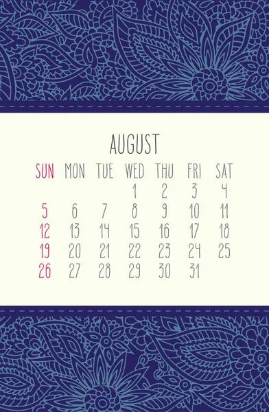 Jahr 2018 August Vektorkalender Über Blauer Spitze Floralen Doodle Handgezeichneten — Stockvektor