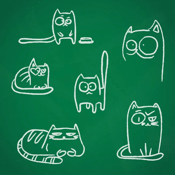 Ręcznie Rysowane Kredą Szkice Śmieszne Koty Nad Zielona Tablica — Wektor stockowy