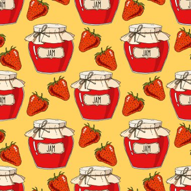 Çilek reçeli Kavanozlar ve seamless modeli çilek. Vektör elle çizilmiş arka plan illüstrasyon, sarı kırmızı.