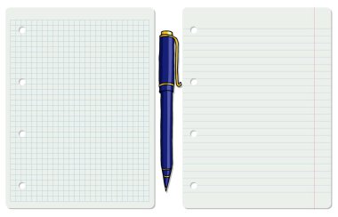 Çizgili ve etmek, bir tükenmez kalemle iki beyaz okul kağıt yaprak, vektör Illustration. Eğitim arka plan.