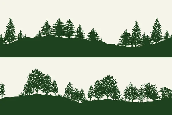 Zöld Erdei Fák Sziluettek Háttér Vektor Illusztráció Vízszintes Absztrakt Bannerek — Stock Vector