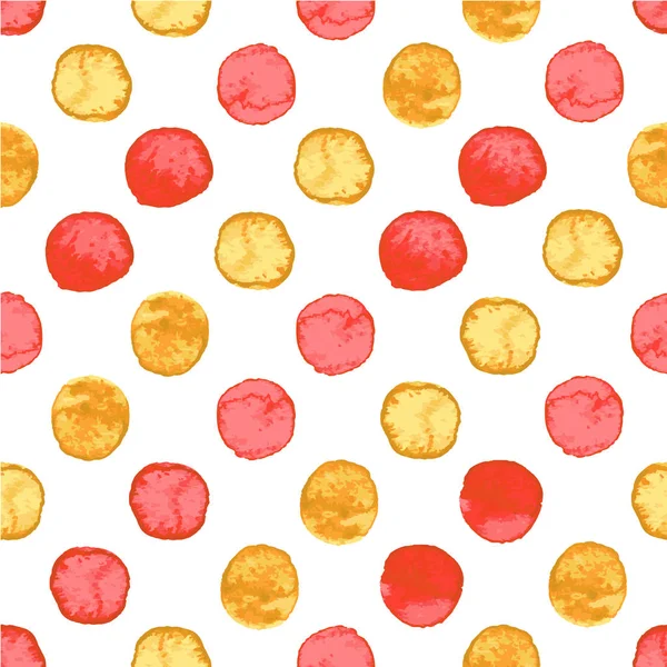 シームレスな手描き水彩パターン製白で分離された丸い赤とオレンジ ドット — ストックベクタ