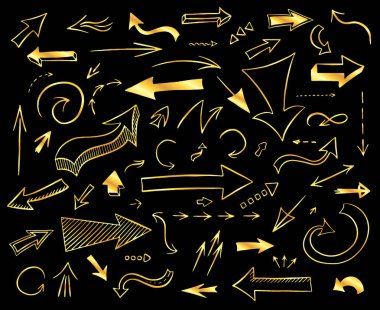 Elle çizilmiş altın okları küme. Siyah arka plan üzerinde izole semboller topluluğu. Vektör çizim.