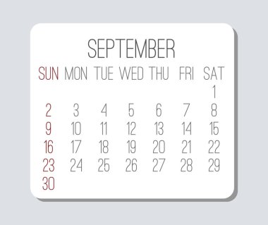 Düz çağdaş Eylül 2018 vektör ışık gri takvim yılı. Pazar başlayan hafta.