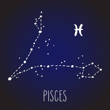 Balık beyaz çizilmiş Zodyak işareti takımyıldızı üzerinde koyu mavi gece gökyüzü ver. Vektör grafik Astroloji çizim. Batı Astroloji mistik sembol.