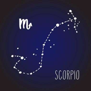 Akrep beyaz çizilmiş Zodyak işareti takımyıldızı üzerinde koyu mavi gece gökyüzü ver. Vektör grafik Astroloji çizim. Batı Astroloji mistik sembol.