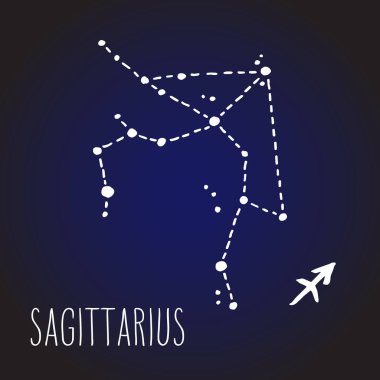 Yay üzerinde koyu mavi gece gökyüzü beyaz çizilmiş Zodyak işareti takımyıldızı ver. Vektör grafik Astroloji çizim. Batı Astroloji mistik sembol.