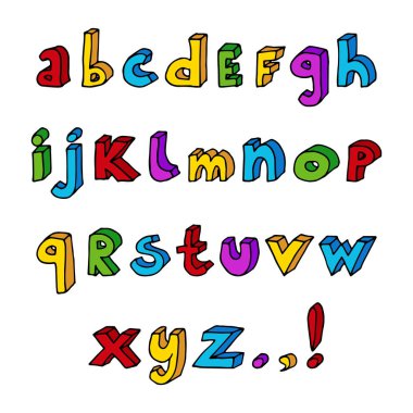 Elle çizilmiş dizi doodle izometrik çok renkli harfler ve noktalama işaretleri. Beyaz bitti izole vektör çizim.