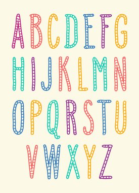 Elle çizilmiş parlak çok renkli doodle harflerin tam set. Vektör illüstrasyon izole üzerinde bej.
