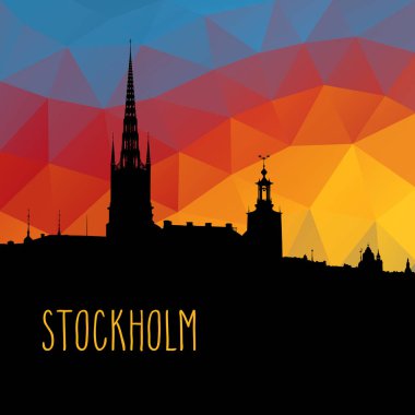Stockholm şehir manzarası vektör çizim. Siyah siluet üzerinde renkler sarı, kırmızı ve mavi düşük poli arka plan. 