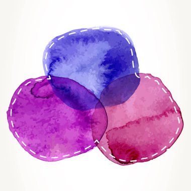 Renkli mavi ve mor suluboya daireler beyaz bitti izole dash anahatla el çekilmiş.