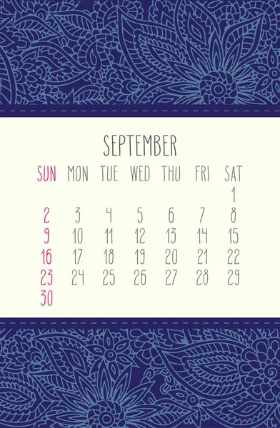 9月年2018矢量日历在蓝色花边花涂鸦手画的背景 星期从星期日开始 — 图库矢量图片