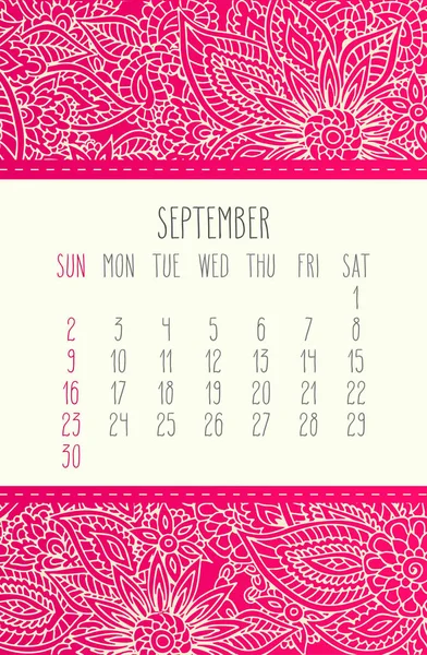 Settembre Anno 2018 Calendario Vettoriale Rosa Pizzo Floreale Doodle Mano — Vettoriale Stock