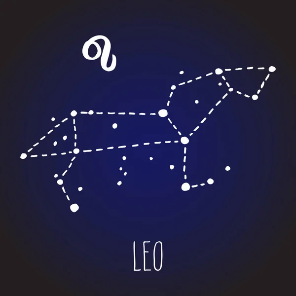 Leo Mão Desenhada Constelação Signo Zodíaco Branco Sobre Céu Escuro — Vetor de Stock