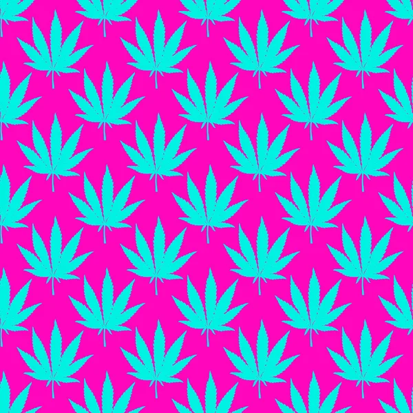 大麻叶无缝模式在酸性蓝和粉红色的颜色 手拉麻醉大麻的背景 大麻矢量插画背景 — 图库矢量图片