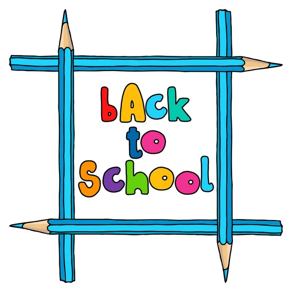 Hand Drawn Vector Doodle Back School Multicolor Words Blue Crossed — Stock Vector