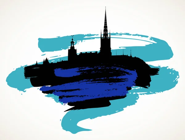 Stockholms Skyline Handgezeichnet Hintergrund Vektor Illustration Schwarze Silhouette Und Blaue — Stockvektor