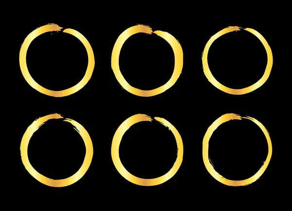 Коллекция Различных Золотых Гранж Мазков Кистью Круглые Кадры Изолированы Черном — стоковый вектор