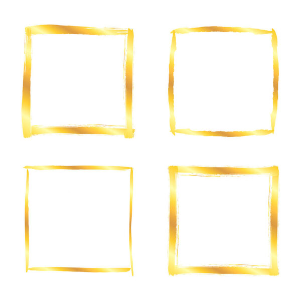 Collection of miscellaneous golden grunge square brush strokes frames isolated over white background. Set of design elements. Vector illustration.