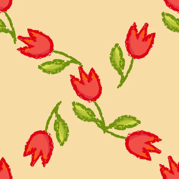 Векторная Цветочная Рука Нарисована Бесшовным Рисунком Тюльпан Красные Цветы Греческие — стоковый вектор