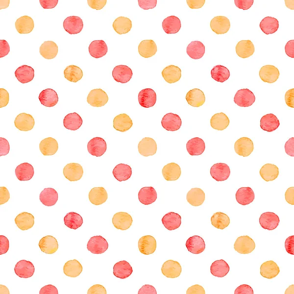 シームレスな手描き水彩パターン製白で分離された丸い赤とオレンジ ドット — ストックベクタ