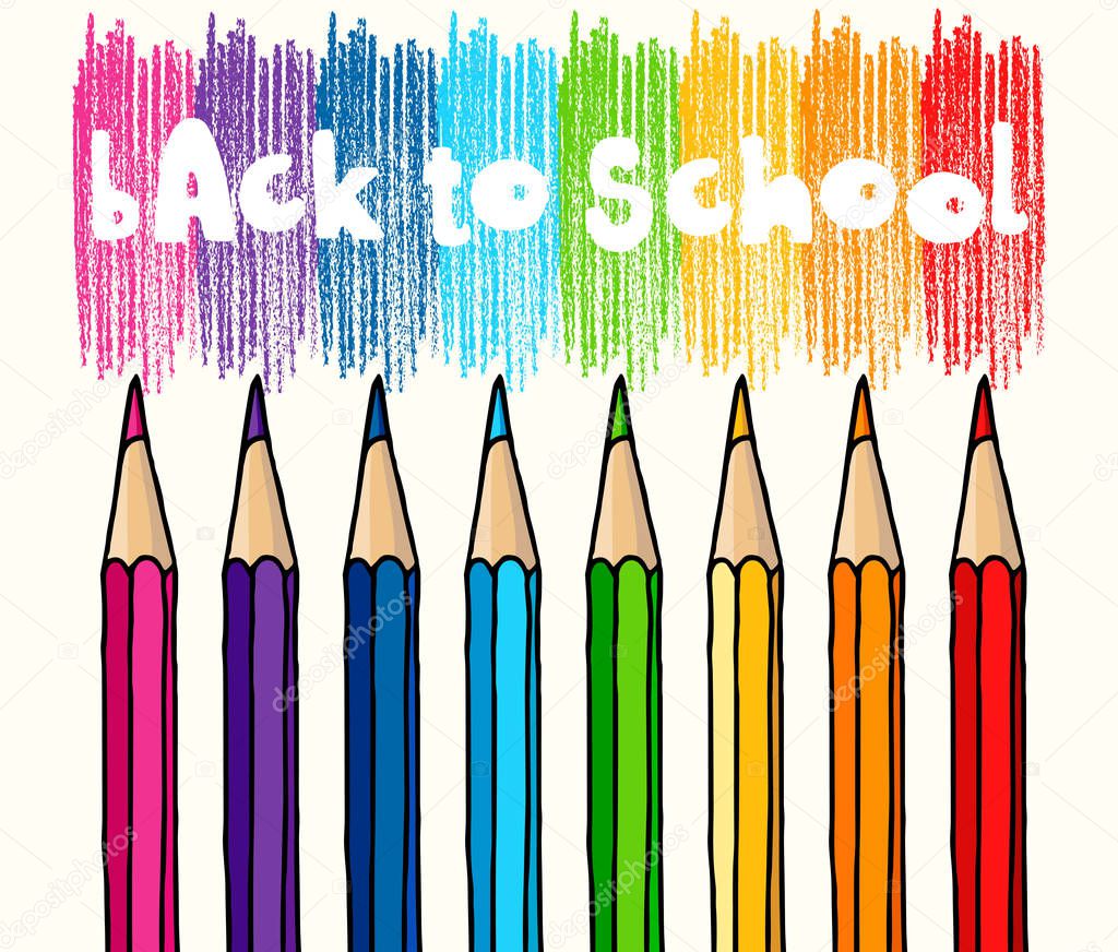 Hand drawn vector doodle Back to School words with strokes and multicolor pencils isolated over white background.