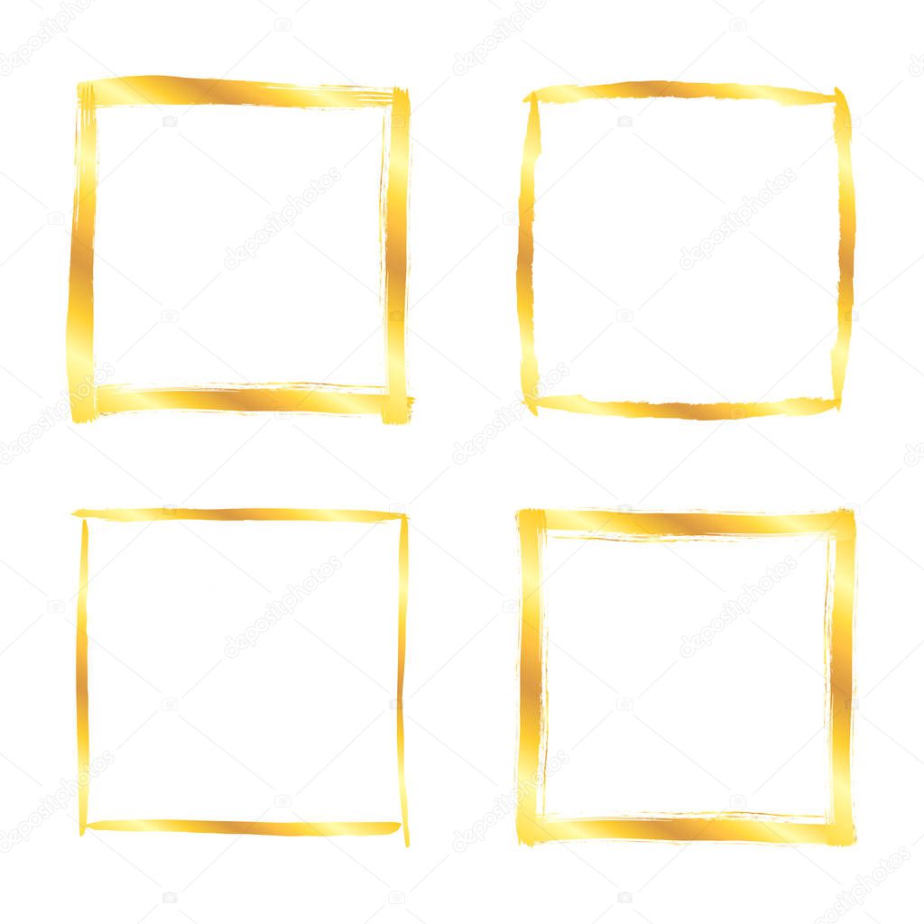 Collection of miscellaneous golden grunge square brush strokes frames isolated over white background. Set of design elements. Vector illustration.