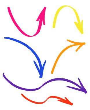 El renkli curvy okları set çekilmiş. Beyaz arka plan üzerinde izole çok renkli semboller topluluğu. Vektör çizim.