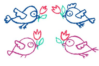 İki çift şirin küçük çiçekli beyaz bitti izole çizilmiş kuşlar ver. Çizgi film vektör çizim. Çift, aşk, romantizm kavramı.