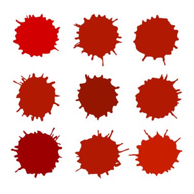 Su sıçramalarına ve damla vektör Soyut Sanatsal boya kümesi. Beyaz arka plan üzerinde kanlı kırmızı mürekkep lekesi.