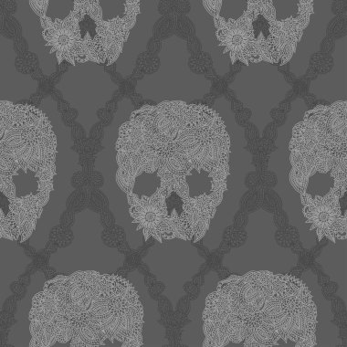 Doodle çiçek kafatasları damasko Dikişsiz desen gri renklerde. Karanlık Halloween kafatası seamless modeli.